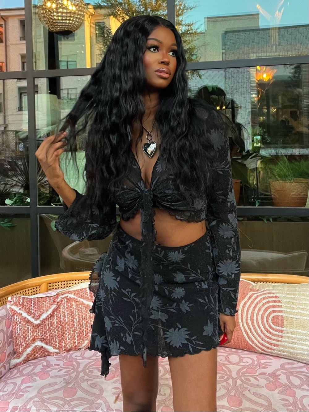 Black sparkly 2 piece set with floral pattern